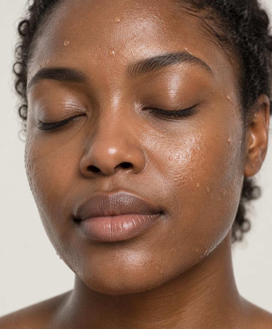 Freshly cleansed skin with water droplets