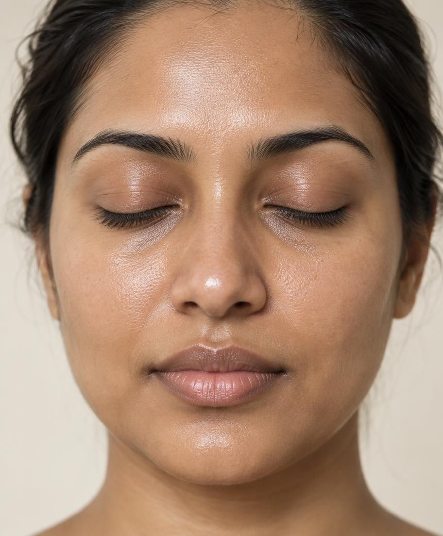 Natural skin with visible facial shine